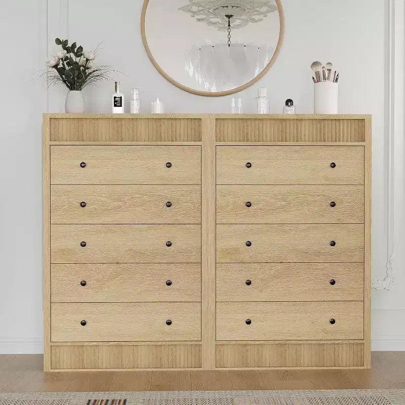 Commode 5 tiroirs cannelée de 80 cm avec dispositif anti-basculement - Rangement Chêne Naturel pour Chambre et Salon