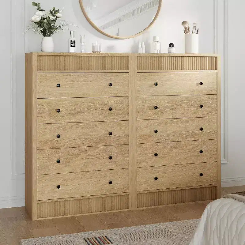 Commode 5 tiroirs cannelée de 80 cm avec dispositif anti-basculement - Rangement Chêne Naturel pour Chambre et Salon