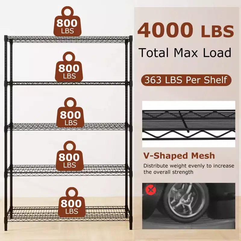 Étagère de rangement métallique à 5 niveaux, capacité de 4000 livres, organisateur de rangement pour la maison et la cuisine