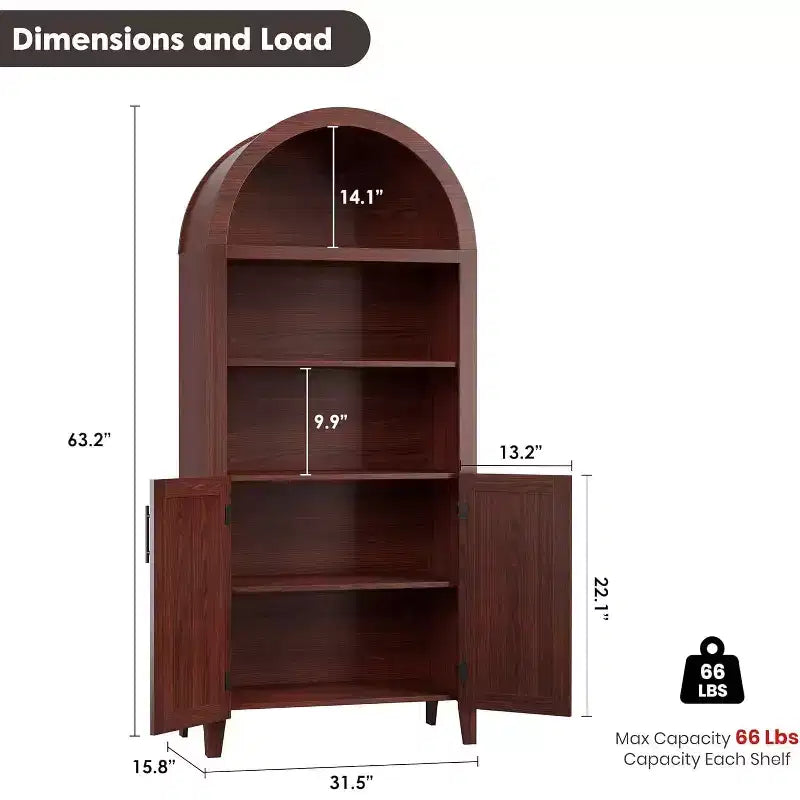 Armoire haute arquée de 160 cm, Armoire de cuisine arquée, Étagère de présentation ouverte à 5 niveaux avec étagère réglable, Garde-manger en bois, Bibliothèque de ferme