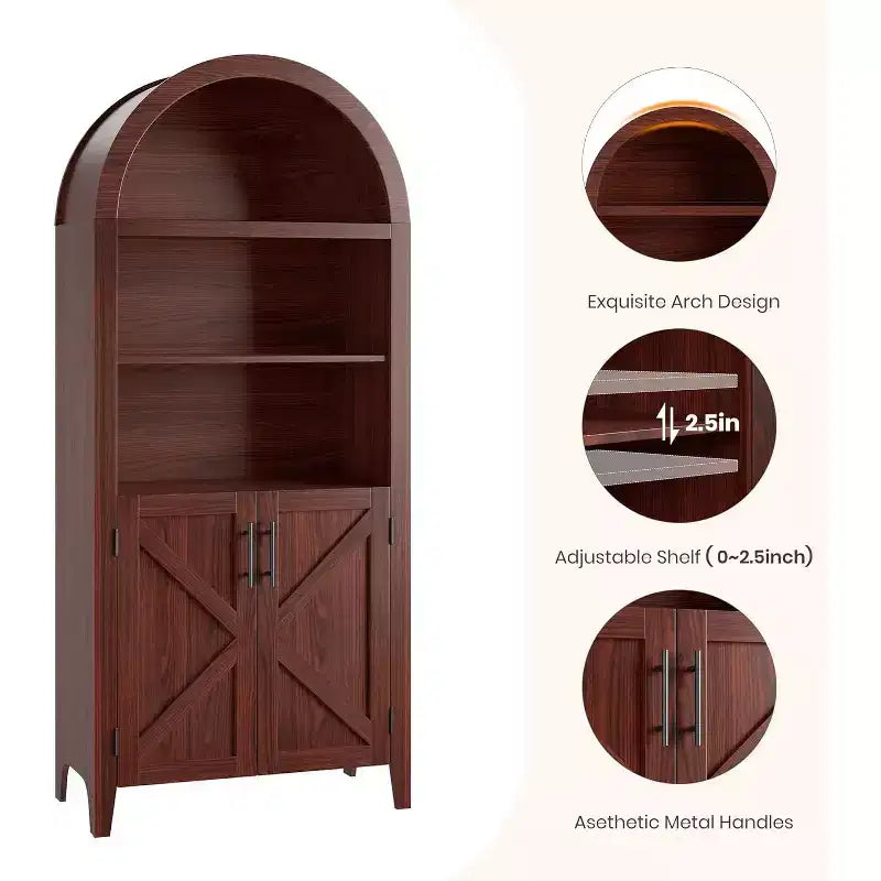 Armoire haute arquée de 160 cm, Armoire de cuisine arquée, Étagère de présentation ouverte à 5 niveaux avec étagère réglable, Garde-manger en bois, Bibliothèque de ferme