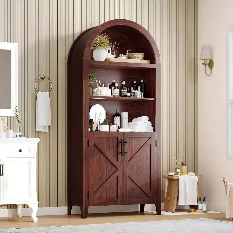 Armoire haute arquée de 160 cm, Armoire de cuisine arquée, Étagère de présentation ouverte à 5 niveaux avec étagère réglable, Garde-manger en bois, Bibliothèque de ferme
