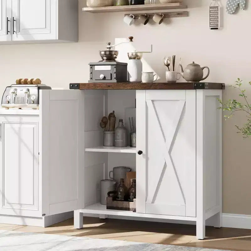 Meuble de bar à café de ferme avec étagère réglable, armoire de rangement de cuisine pour salle à manger, salon, marron et blanc