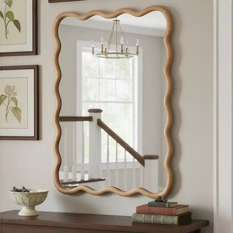 Miroir Mural 30 x 40 cm avec Cadre en Bois Massif, Miroir Décoratif Rectangle Ondulé pour Salle de Bain, Chambre, Salon, Entrée