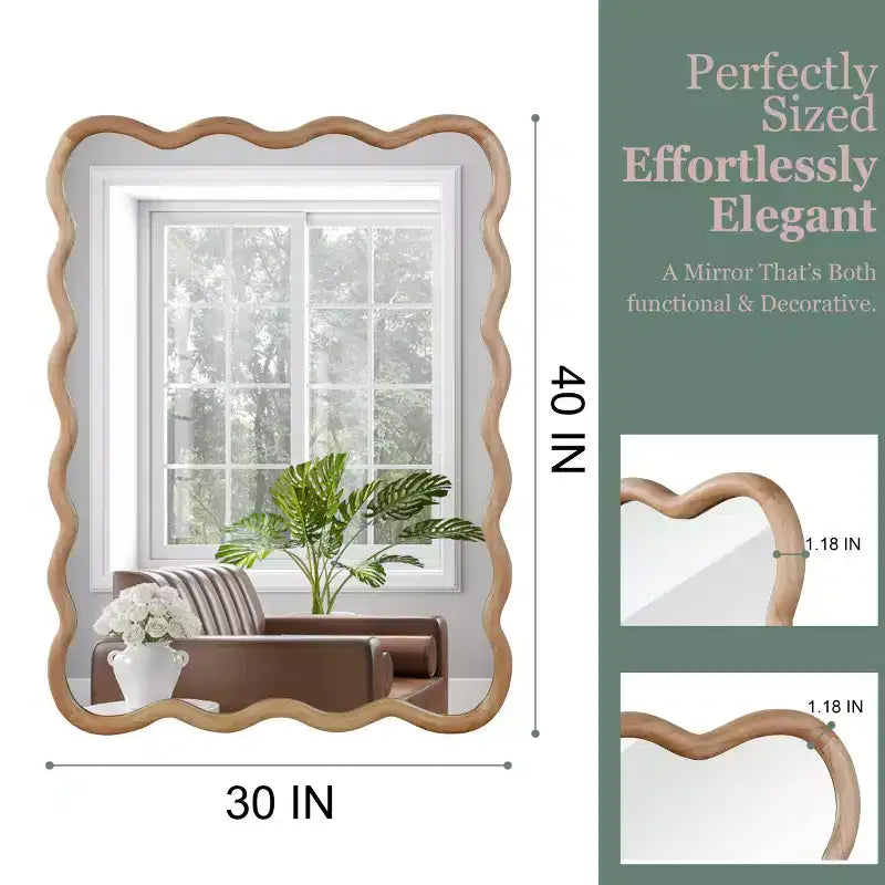 Miroir Mural 30 x 40 cm avec Cadre en Bois Massif, Miroir Décoratif Rectangle Ondulé pour Salle de Bain, Chambre, Salon, Entrée