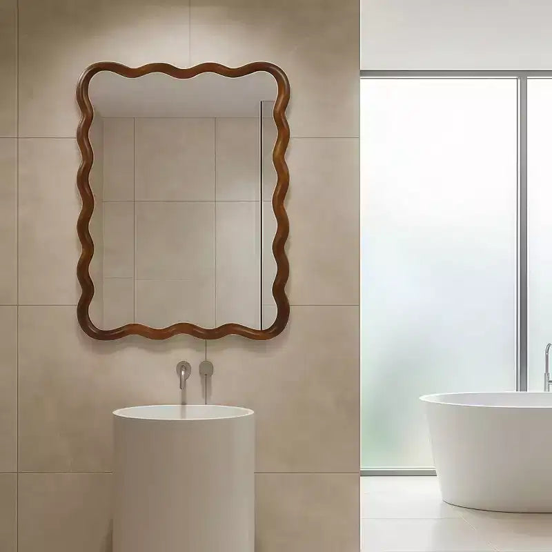 Miroir Mural 30 x 40 cm avec Cadre en Bois Massif, Miroir Décoratif Rectangle Ondulé pour Salle de Bain, Chambre, Salon, Entrée