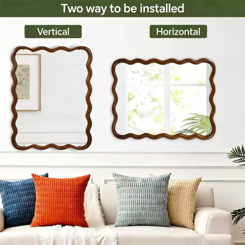 Miroir Mural 30 x 40 cm avec Cadre en Bois Massif, Miroir Décoratif Rectangle Ondulé pour Salle de Bain, Chambre, Salon, Entrée
