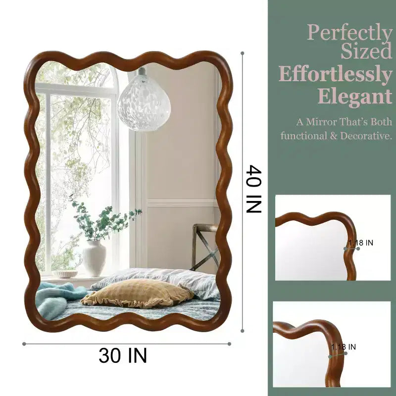 Miroir Mural 30 x 40 cm avec Cadre en Bois Massif, Miroir Décoratif Rectangle Ondulé pour Salle de Bain, Chambre, Salon, Entrée