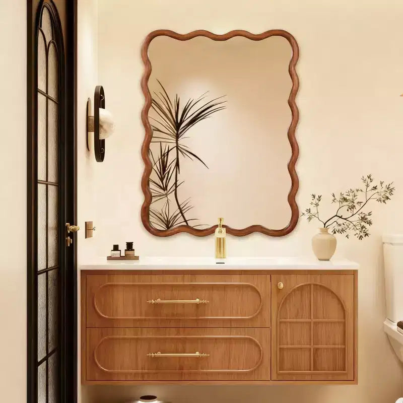 Miroir Mural 30 x 40 cm avec Cadre en Bois Massif, Miroir Décoratif Rectangle Ondulé pour Salle de Bain, Chambre, Salon, Entrée