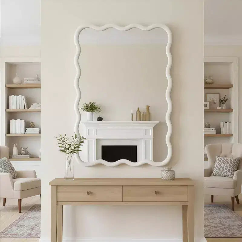 Miroir Mural 30 x 40 cm avec Cadre en Bois Massif, Miroir Décoratif Rectangle Ondulé pour Salle de Bain, Chambre, Salon, Entrée