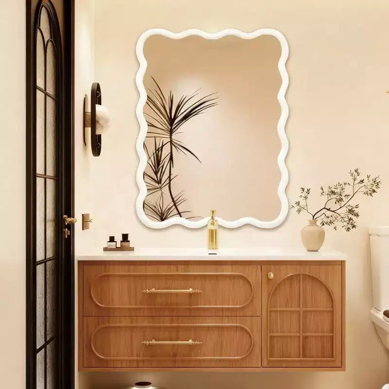 Miroir Mural 30 x 40 cm avec Cadre en Bois Massif, Miroir Décoratif Rectangle Ondulé pour Salle de Bain, Chambre, Salon, Entrée