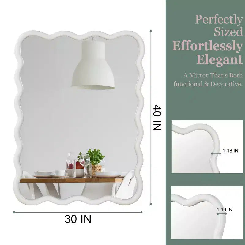 Miroir Mural 30 x 40 cm avec Cadre en Bois Massif, Miroir Décoratif Rectangle Ondulé pour Salle de Bain, Chambre, Salon, Entrée