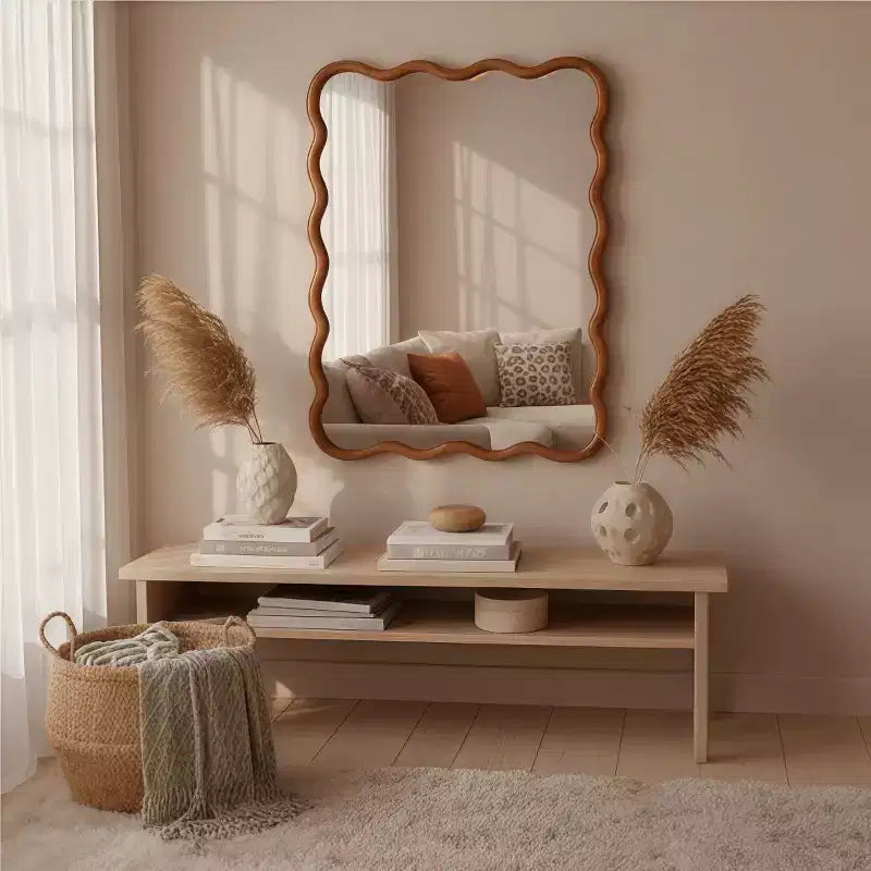 Miroir Mural 30 x 40 cm avec Cadre en Bois Massif, Miroir Décoratif Rectangle Ondulé pour Salle de Bain, Chambre, Salon, Entrée