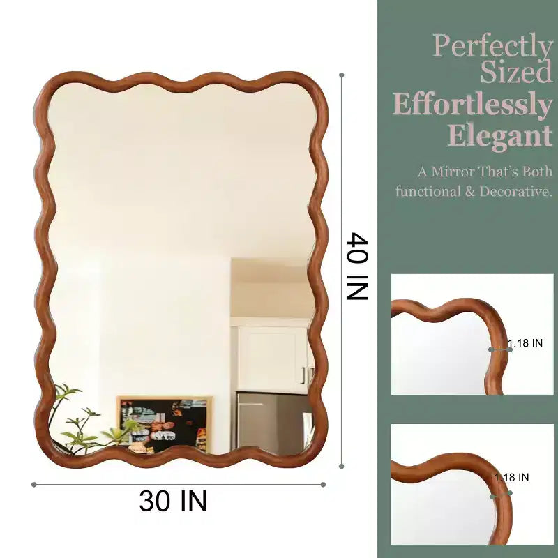 Miroir Mural 30 x 40 cm avec Cadre en Bois Massif, Miroir Décoratif Rectangle Ondulé pour Salle de Bain, Chambre, Salon, Entrée