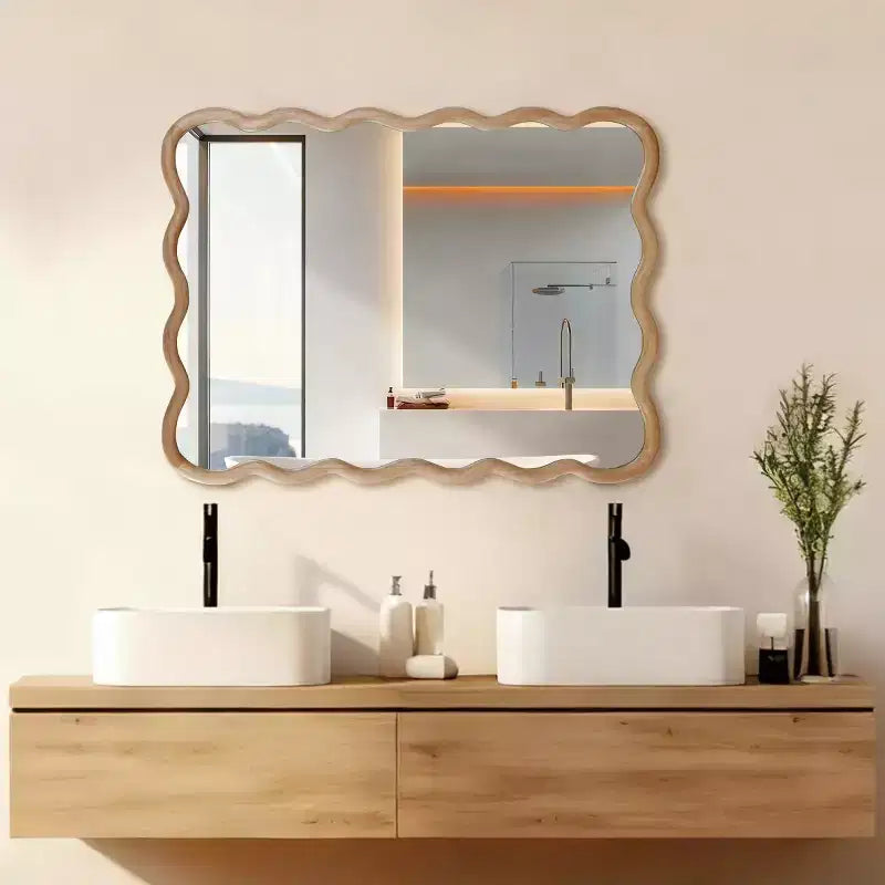 Miroir Mural 30 x 40 cm avec Cadre en Bois Massif, Miroir Décoratif Rectangle Ondulé pour Salle de Bain, Chambre, Salon, Entrée