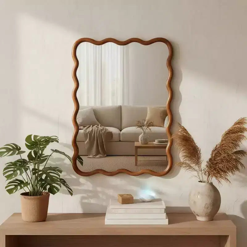 30 x 40 Wall Mirror with Solid Wood Frame, Wavy Rectangle Decorative Mirror for Bathroom, Bedroom, Living Room, Entryway-Panipeachy