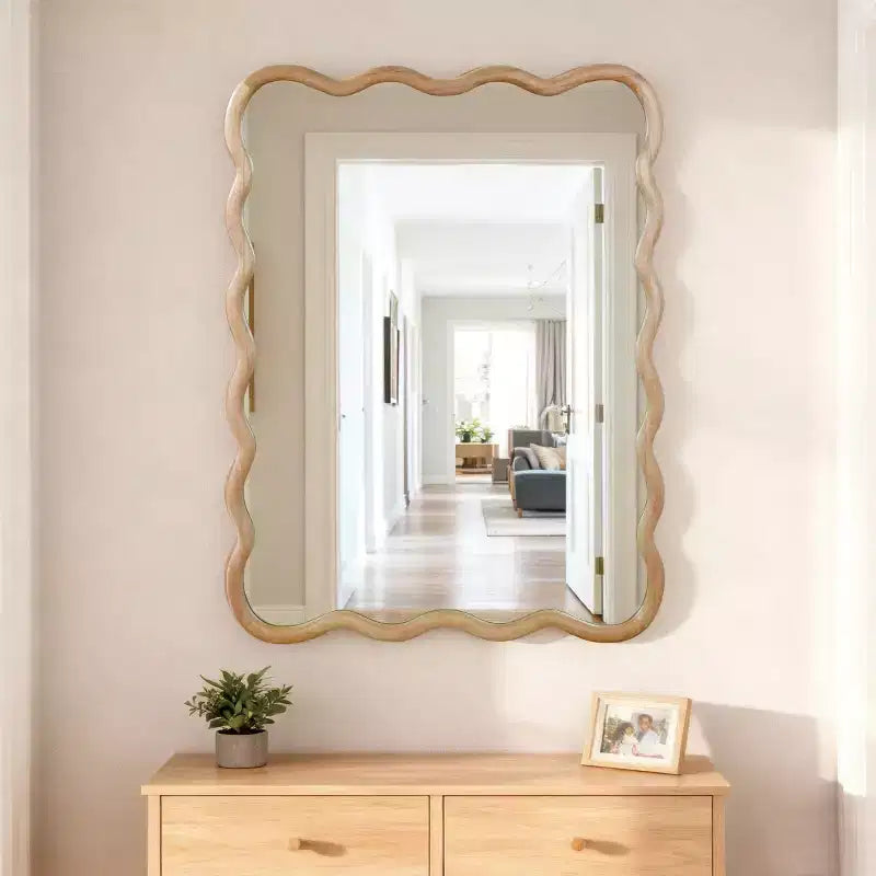 Miroir Mural 30 x 40 cm avec Cadre en Bois Massif, Miroir Décoratif Rectangle Ondulé pour Salle de Bain, Chambre, Salon, Entrée