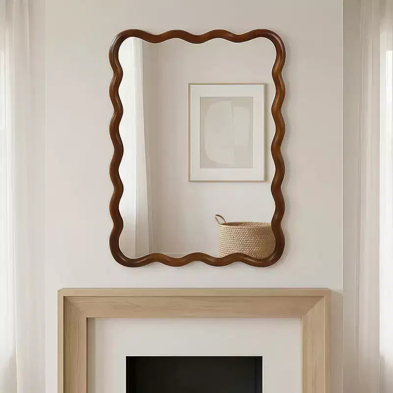 Miroir Mural 30 x 40 cm avec Cadre en Bois Massif, Miroir Décoratif Rectangle Ondulé pour Salle de Bain, Chambre, Salon, Entrée