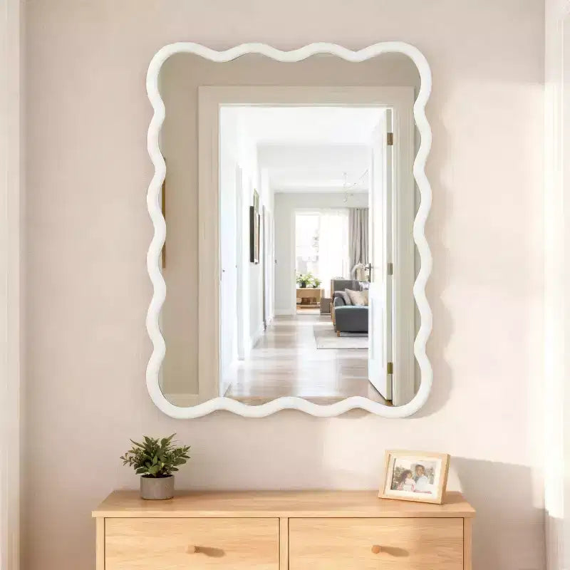 Miroir Mural 30 x 40 cm avec Cadre en Bois Massif, Miroir Décoratif Rectangle Ondulé pour Salle de Bain, Chambre, Salon, Entrée