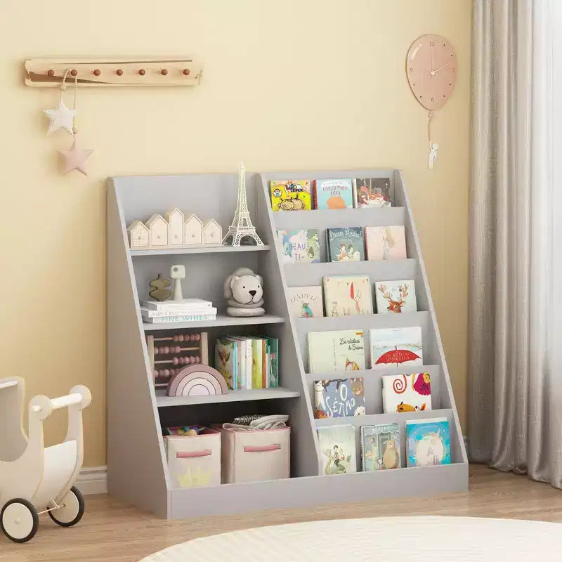 4-Tier Wooden Kids Bookshelf with Toy Storage, Front-Facing Book Display Organizer for Kids Room, Gray