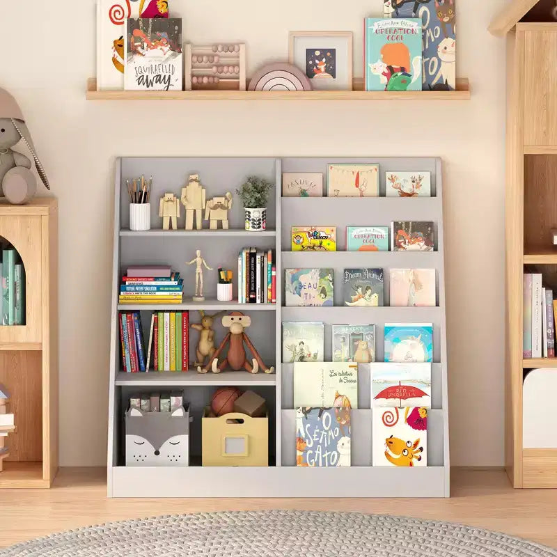 Bibliothèque pour enfants en bois à 4 niveaux avec rangement pour jouets, organisateur d'affichage de livres frontaux pour chambre d'enfant, gris