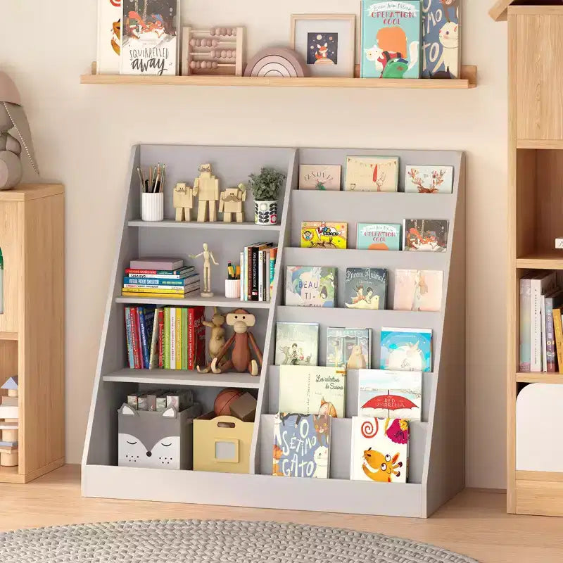 Bibliothèque pour enfants en bois à 4 niveaux avec rangement pour jouets, organisateur d'affichage de livres frontaux pour chambre d'enfant, gris