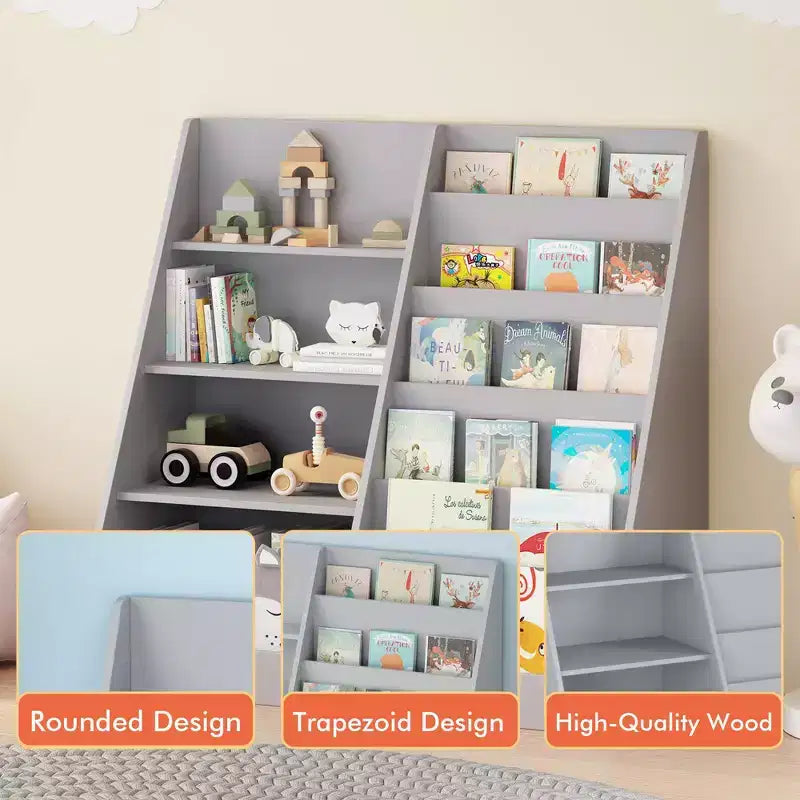 Bibliothèque pour enfants en bois à 4 niveaux avec rangement pour jouets, organisateur d'affichage de livres frontaux pour chambre d'enfant, gris