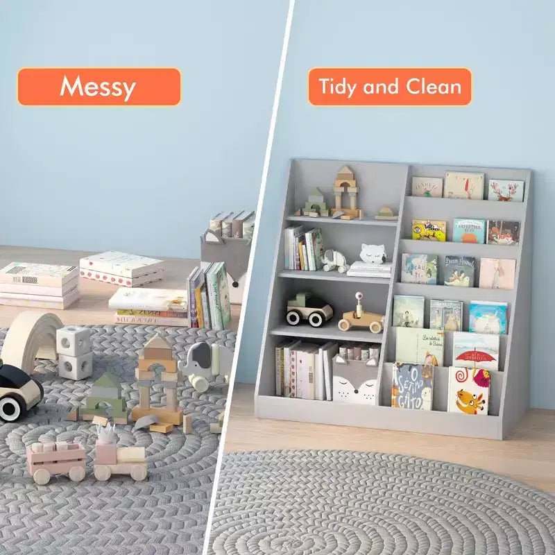 Bibliothèque pour enfants en bois à 4 niveaux avec rangement pour jouets, organisateur d'affichage de livres frontaux pour chambre d'enfant, gris