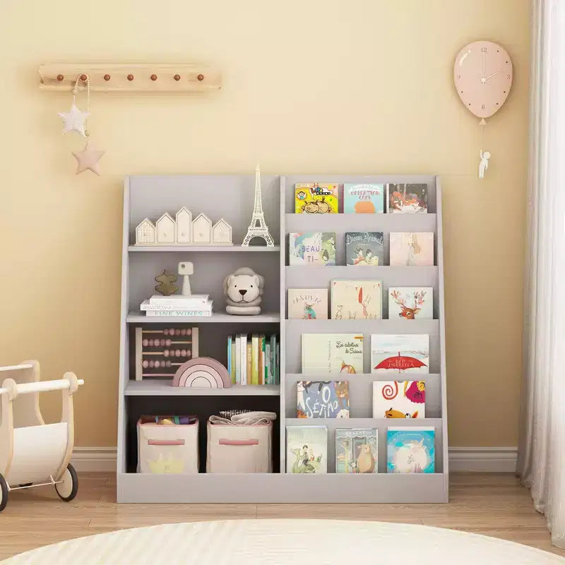 Bibliothèque pour enfants en bois à 4 niveaux avec rangement pour jouets, organisateur d'affichage de livres frontaux pour chambre d'enfant, gris
