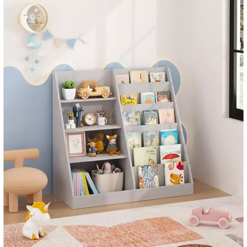 Bibliothèque pour enfants en bois à 4 niveaux avec rangement pour jouets, organisateur d'affichage de livres frontaux pour chambre d'enfant, gris