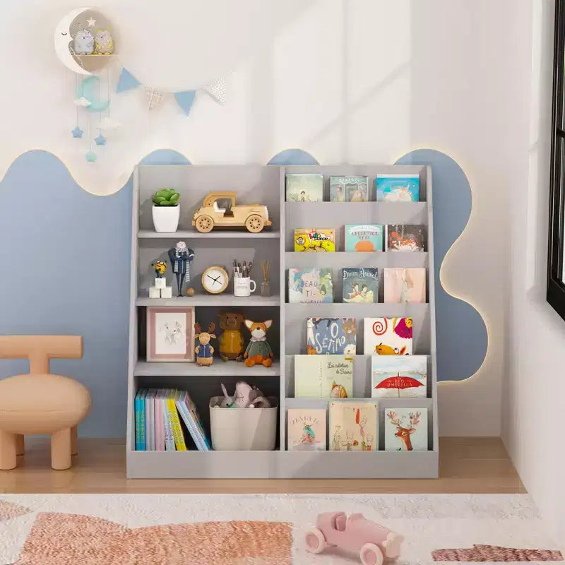Bibliothèque pour enfants en bois à 4 niveaux avec rangement pour jouets, organisateur d'affichage de livres frontaux pour chambre d'enfant, gris