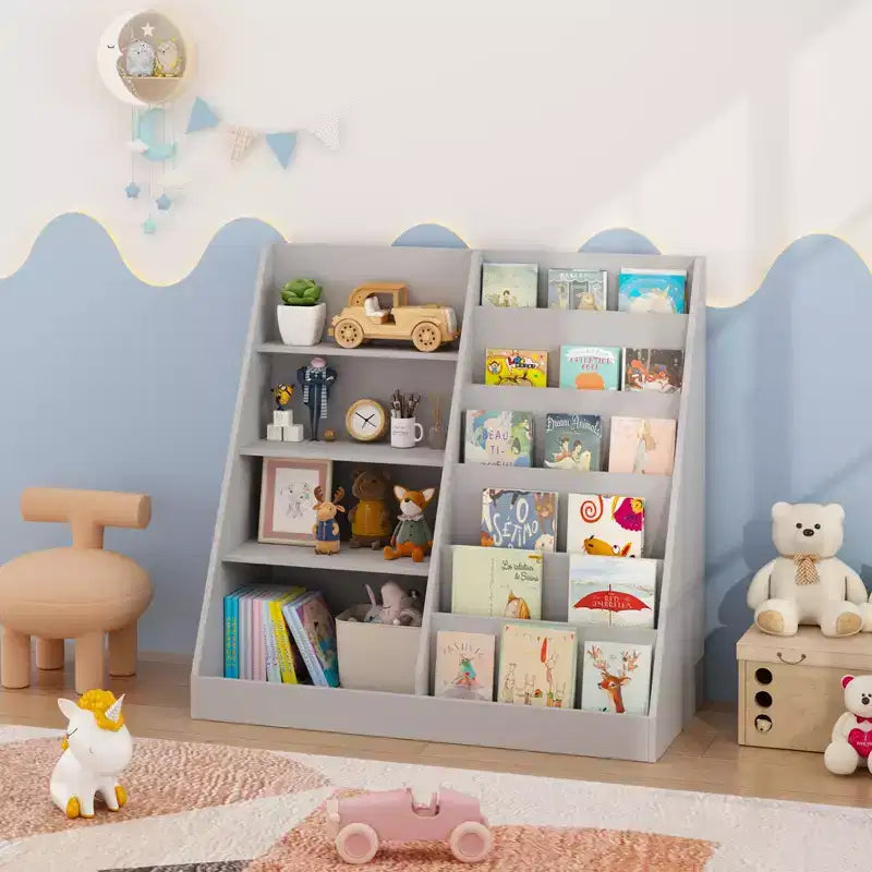 Bibliothèque pour enfants en bois à 4 niveaux avec rangement pour jouets, organisateur d'affichage de livres frontaux pour chambre d'enfant, gris
