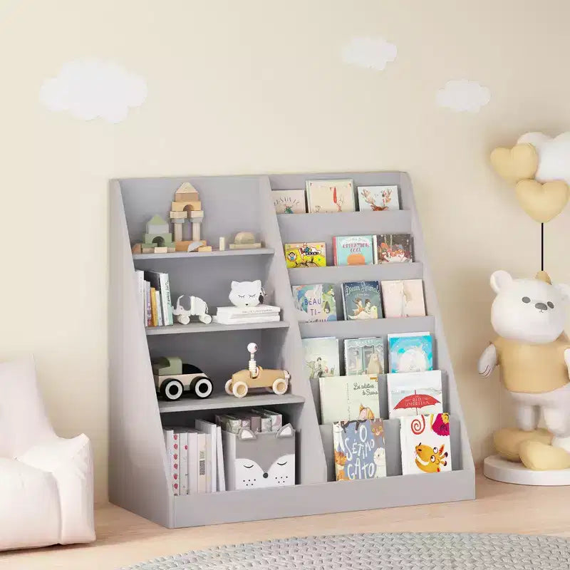 Bibliothèque pour enfants en bois à 4 niveaux avec rangement pour jouets, organisateur d'affichage de livres frontaux pour chambre d'enfant, gris