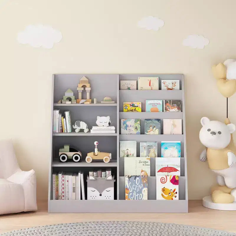 Bibliothèque pour enfants en bois à 4 niveaux avec rangement pour jouets, organisateur d'affichage de livres frontaux pour chambre d'enfant, gris