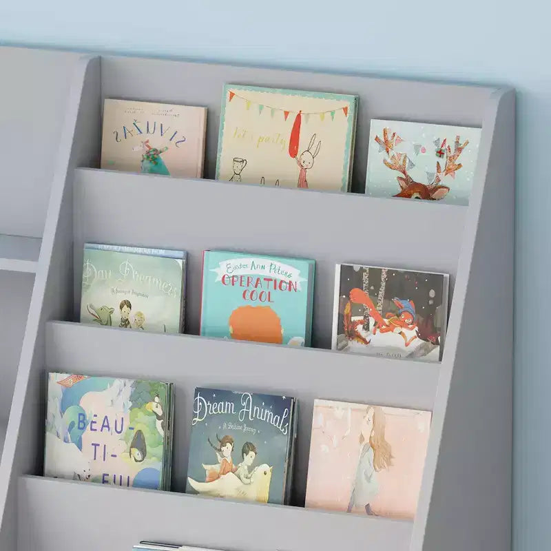 Bibliothèque pour enfants en bois à 4 niveaux avec rangement pour jouets, organisateur d'affichage de livres frontaux pour chambre d'enfant, gris