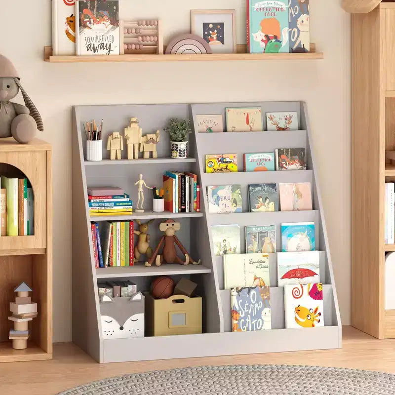 Bibliothèque pour enfants en bois à 4 niveaux avec rangement pour jouets, organisateur d'affichage de livres frontaux pour chambre d'enfant, gris