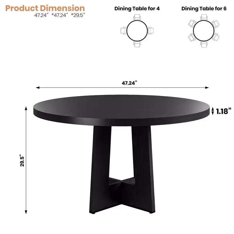 Table de salle à manger ronde de 47 pouces pour 4 à 6 personnes - Table de cuisine circulaire avec base de piédestal robuste, meuble de salle à manger peu encombrant