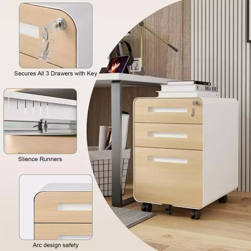 Meuble de classement mobile à 3 tiroirs avec serrure, entièrement assemblé, rangement sous le bureau