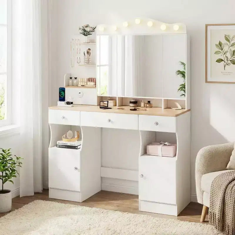 Vanity Desk with Mirror, Makeup Vanity with 2 USB Power Strip, Vanity Set with Three Drawers and Two Cabinet