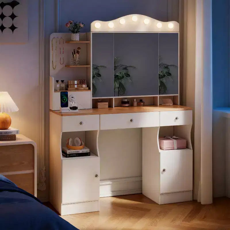 Coiffeuse avec miroir, coiffeuse de maquillage avec 2 prises USB, ensemble coiffeuse avec trois tiroirs et deux armoires