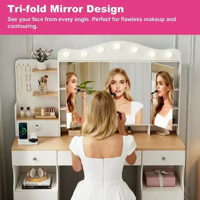 Coiffeuse avec miroir, coiffeuse de maquillage avec 2 prises USB, ensemble coiffeuse avec trois tiroirs et deux armoires