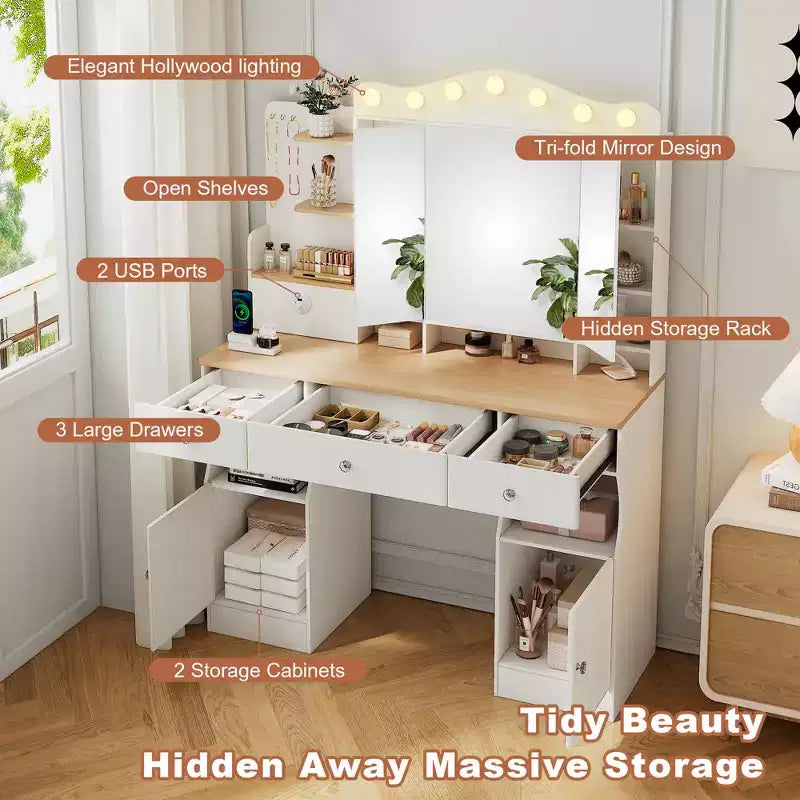 Coiffeuse avec miroir, coiffeuse de maquillage avec 2 prises USB, ensemble coiffeuse avec trois tiroirs et deux armoires
