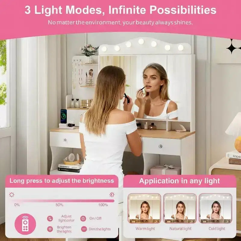 Coiffeuse avec miroir, coiffeuse de maquillage avec 2 prises USB, ensemble coiffeuse avec trois tiroirs et deux armoires