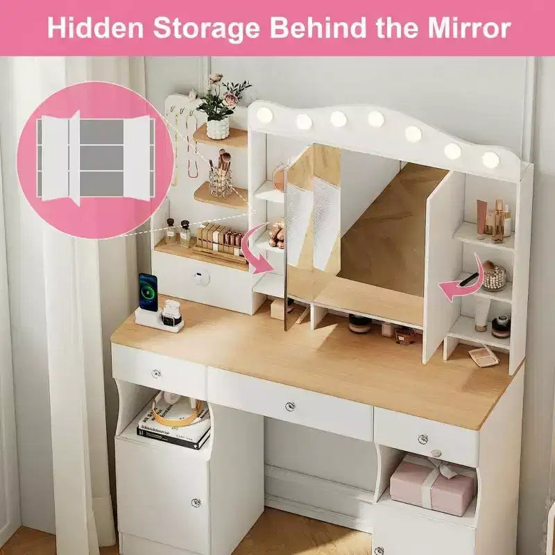 Coiffeuse avec miroir, coiffeuse de maquillage avec 2 prises USB, ensemble coiffeuse avec trois tiroirs et deux armoires