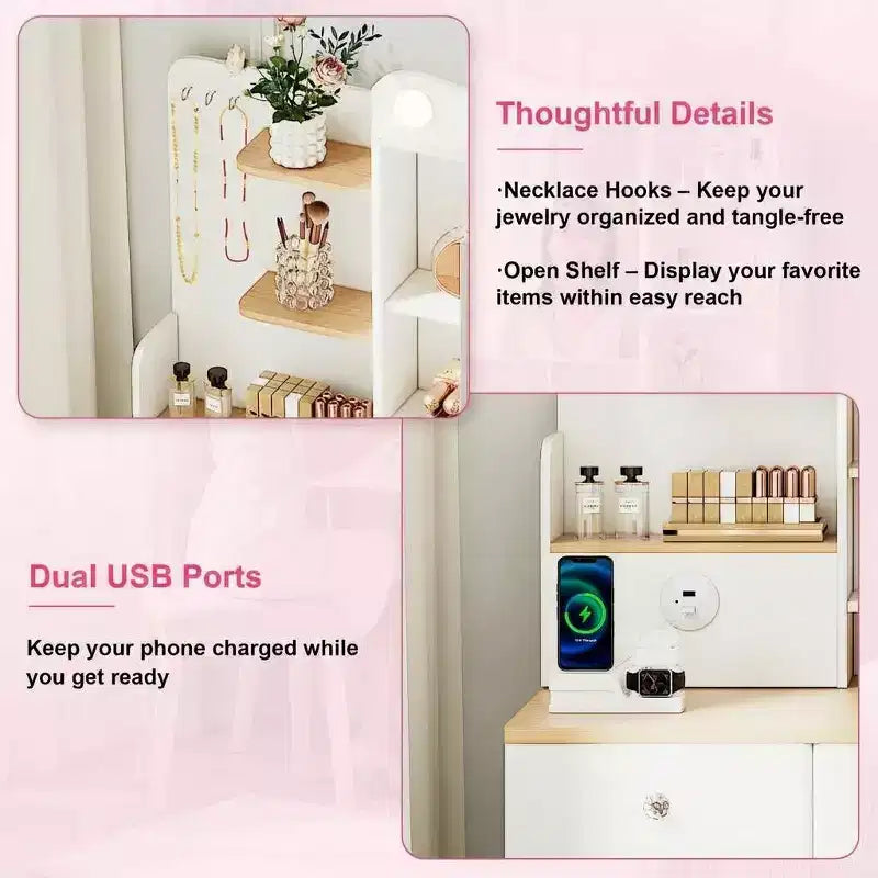 Coiffeuse avec miroir, coiffeuse de maquillage avec 2 prises USB, ensemble coiffeuse avec trois tiroirs et deux armoires