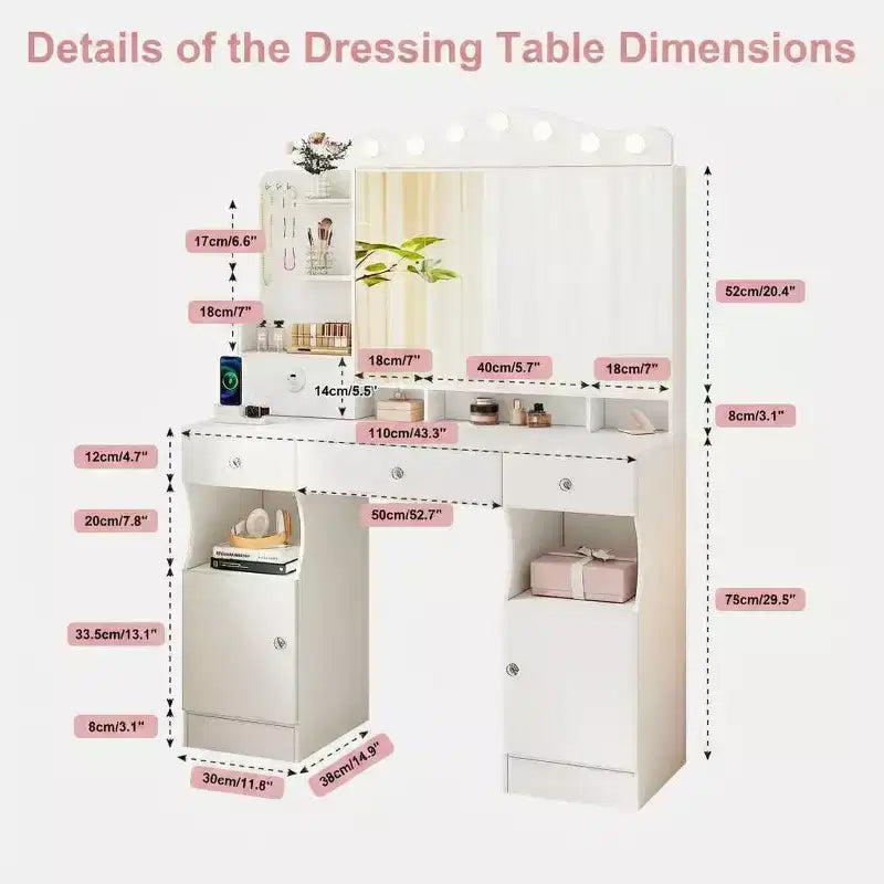 Coiffeuse avec miroir, coiffeuse de maquillage avec 2 prises USB, ensemble coiffeuse avec trois tiroirs et deux armoires