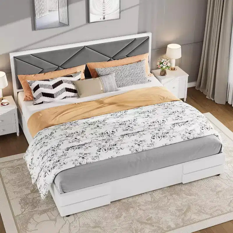 GustoWave Full/Queen/King Size Upholstered Bed Frame for Bedroom, Tufted Design Soft Headboard, Wooden Slat Support, White