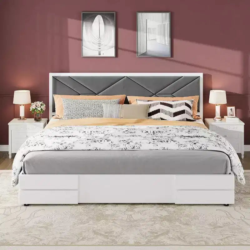Cadre de lit rembourré pour chambre à coucher, tête de lit capitonnée douce, support à lattes en bois, blanc