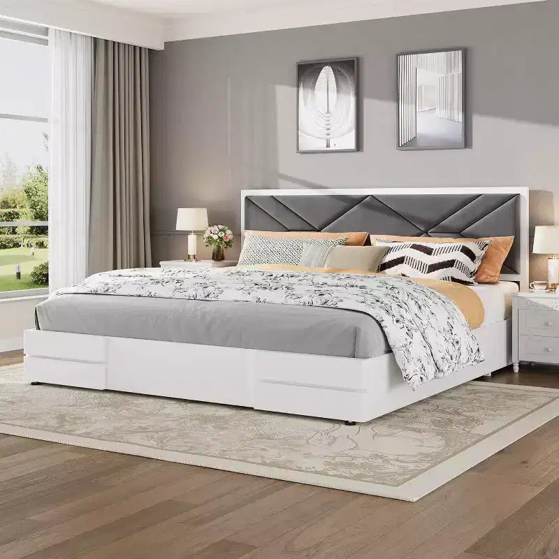 Cadre de lit rembourré pour chambre à coucher, tête de lit capitonnée douce, support à lattes en bois, blanc