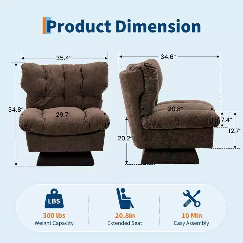 Fauteuil pivotant d'appoint moderne - Fauteuil de lecture confortable en chenille rembourré avec coussin épais, fauteuil club décoratif pour salon, chambre à coucher, bureau